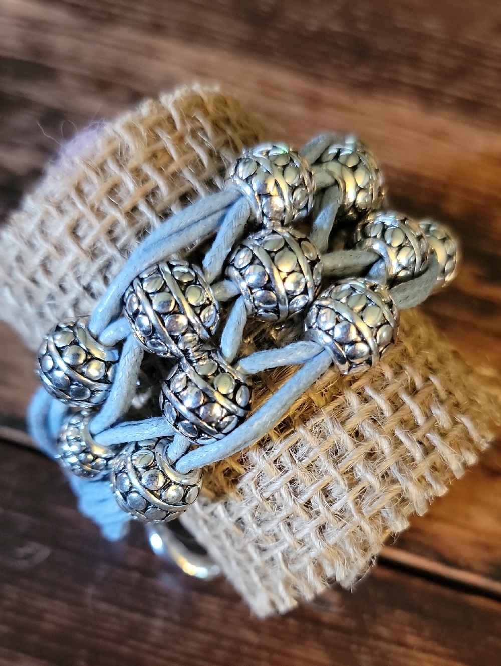 Scroll And Dots Boho Braided Cord Bracelet with Silver Beads